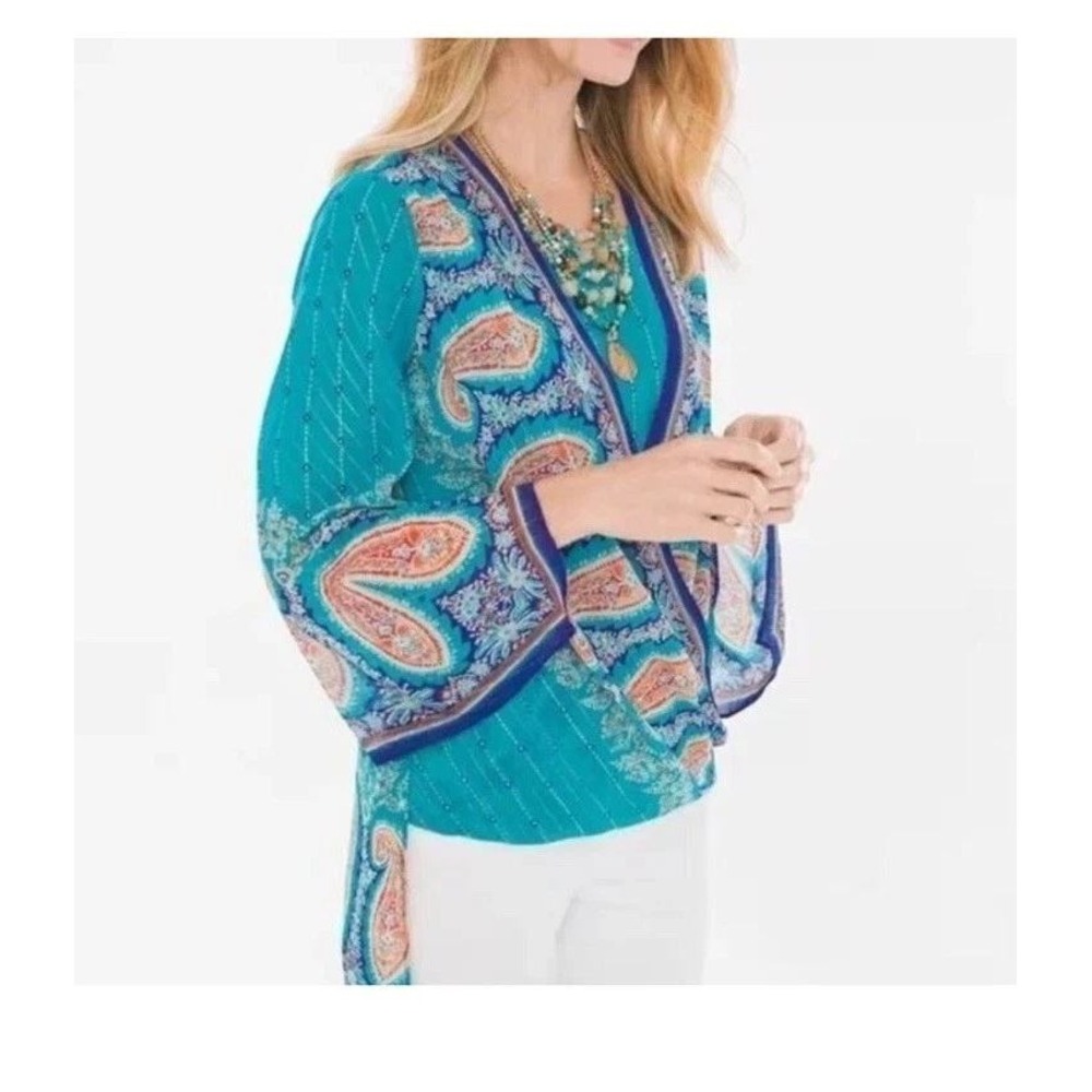 Chico's Teal Paisley Faux Wrap Chiffon Blouse Metallic Lurex Size 0 XS S